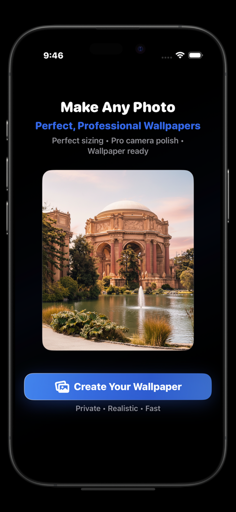 Interfaz de la aplicación Wallpaper Maker 4K que presenta un botón Crear tu fondo de pantalla y una foto del Palacio de Bellas Artes