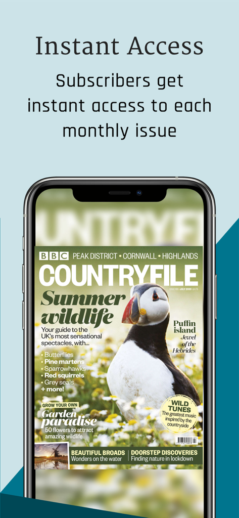 BBC Countryfile Magazine - BBC Countryfile Magazine mobile app interface showing instant access to monthly issues featuring a puffin on the cover