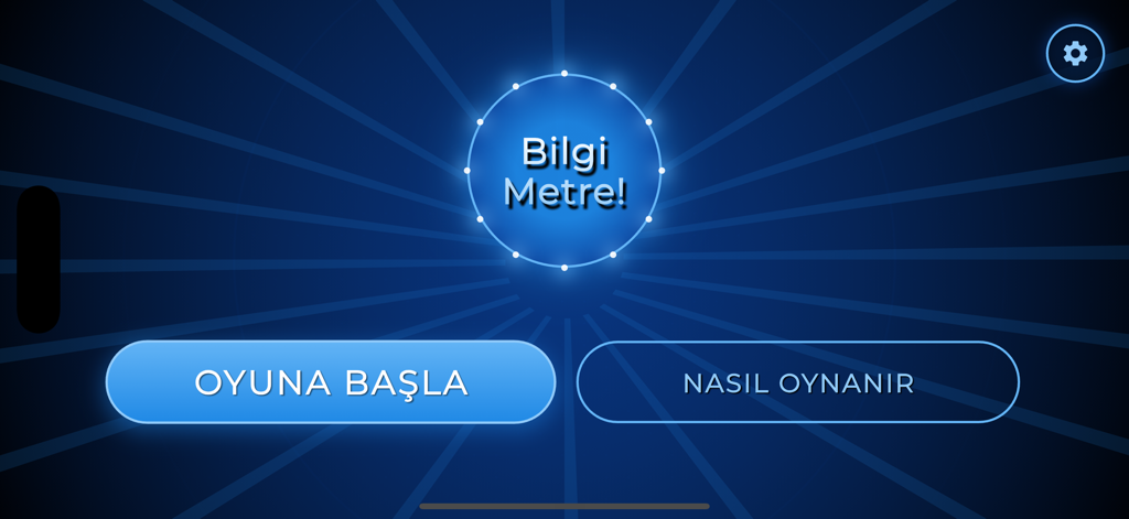 Bilgi Metre! - Pantalla de inicio de la aplicación de trivia Bilgi Metre que muestra los botones de inicio de juego e instrucciones sobre un fondo azul oscuro