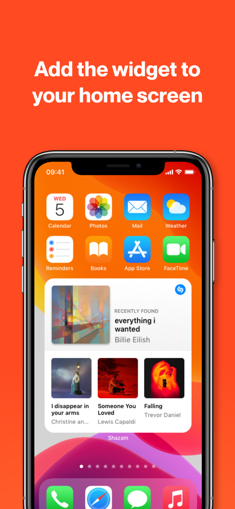 Shazam music discovery widget displayed on an iPhone home screen.