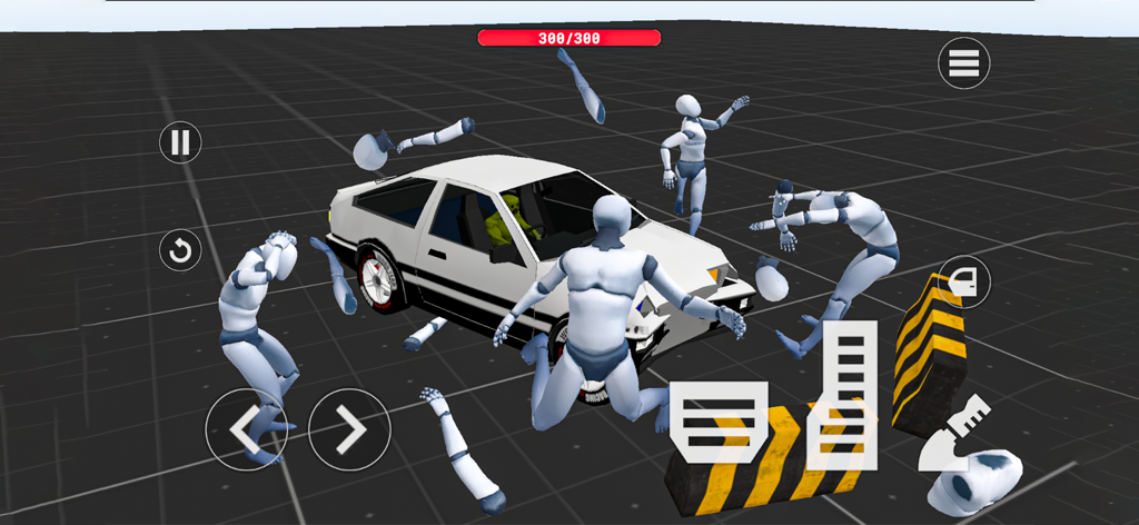 Gameplay scene from Melon Smash featuring a car and ragdoll figures in a physics sandbox