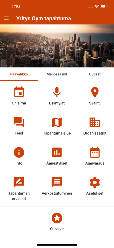 Main menu of the Eventos Mobile app showing icons for event program speakers and networking