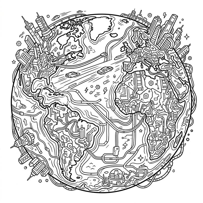 Dive into a dystopian future with this stunning Cyberpunk Earth coloring page, transforming our planet into a high-tech metropolis. Unleash your creativity by bringing to life its intricate networks of wires, towering skyscrapers, and robotic elements.