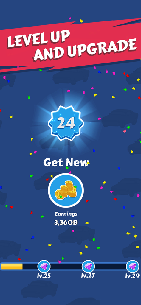 Merge Car - Idle Car Tycoon - Level up screen in Merge Car game showing level 24 achievement and gold coin earnings