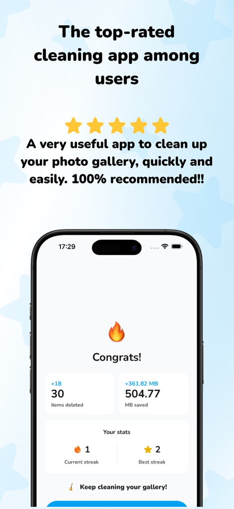 A five star rating and user review for the Favvy photo cleaning app alongside a screen showing storage savings and cleanup streaks