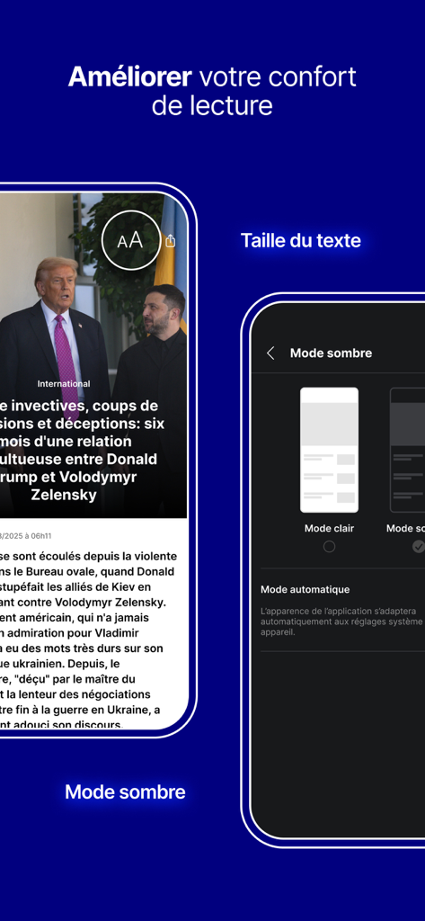 BFM : news, TV, radio en live - Interface da aplicação de notícias BFM a mostrar opções de tamanho de texto e modo escuro para melhorar o conforto de leitura