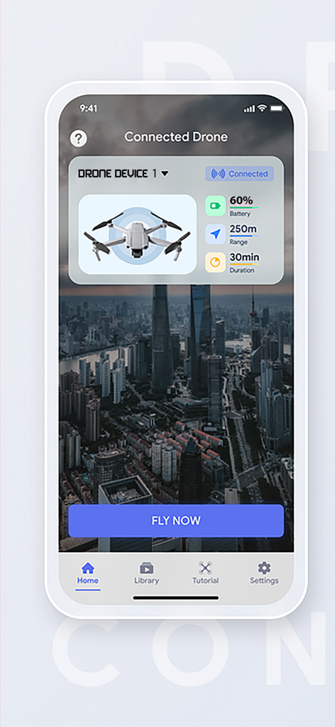 Go Fly Drone Remote Controller - Pantalla principal de la aplicación Go Fly Drone Remote Controller mostrando el estado del dron conectado, la duración de la batería y el rango de vuelo