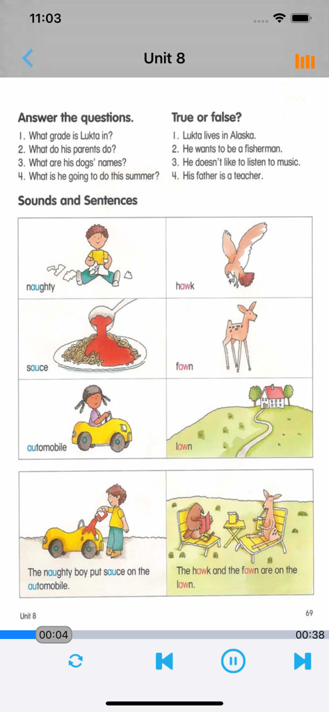 English learning app screen showing Unit 8 vocabulary and sentence practice with illustrations