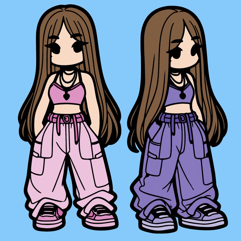 girl in baggy pants crop top and long hair