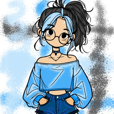 girl with a messy ponytail glasses a baggy crop top and jean shorts