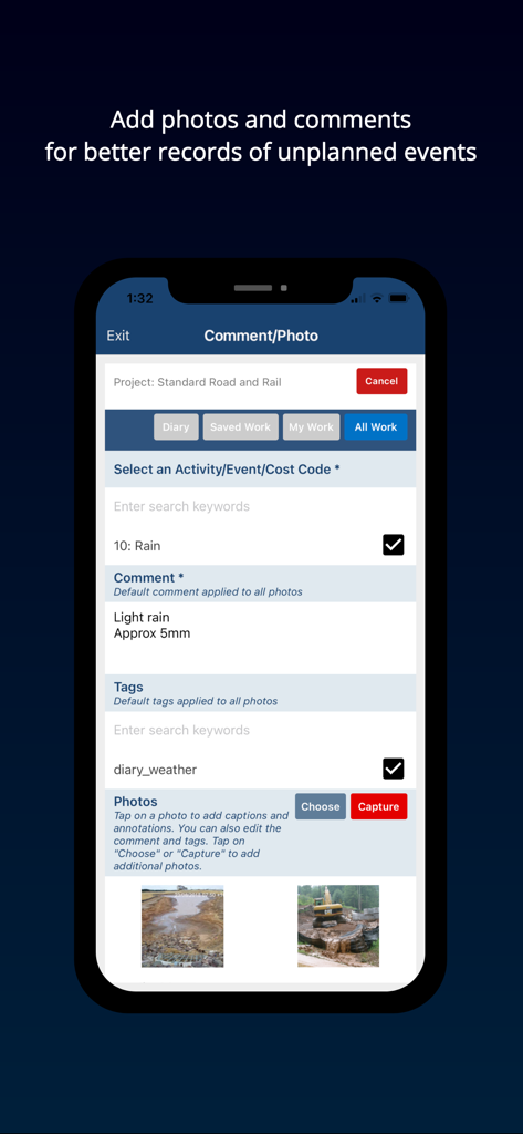 Mobile app interface for capturing construction site photos and comments for daily records