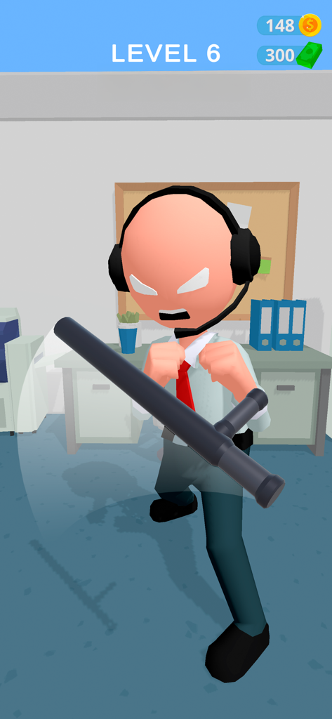 Un personaje de oficina enojado con auriculares sosteniendo un bate en el nivel 6 de Crazy Office Slap and Smash