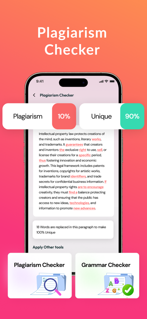 Plagiarism Remover-AI Rewriter - Plagiarism checker app interface displaying a 90 percent uniqueness score for analyzed text.
