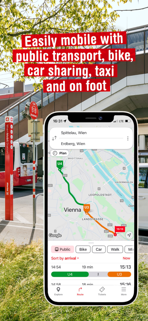 WienMobil - WienMobil app interface showing a public transit route on a map of Vienna with multimodal travel options