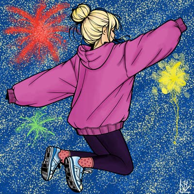 realistic girl jumping with a bun and oversized sweatshirt