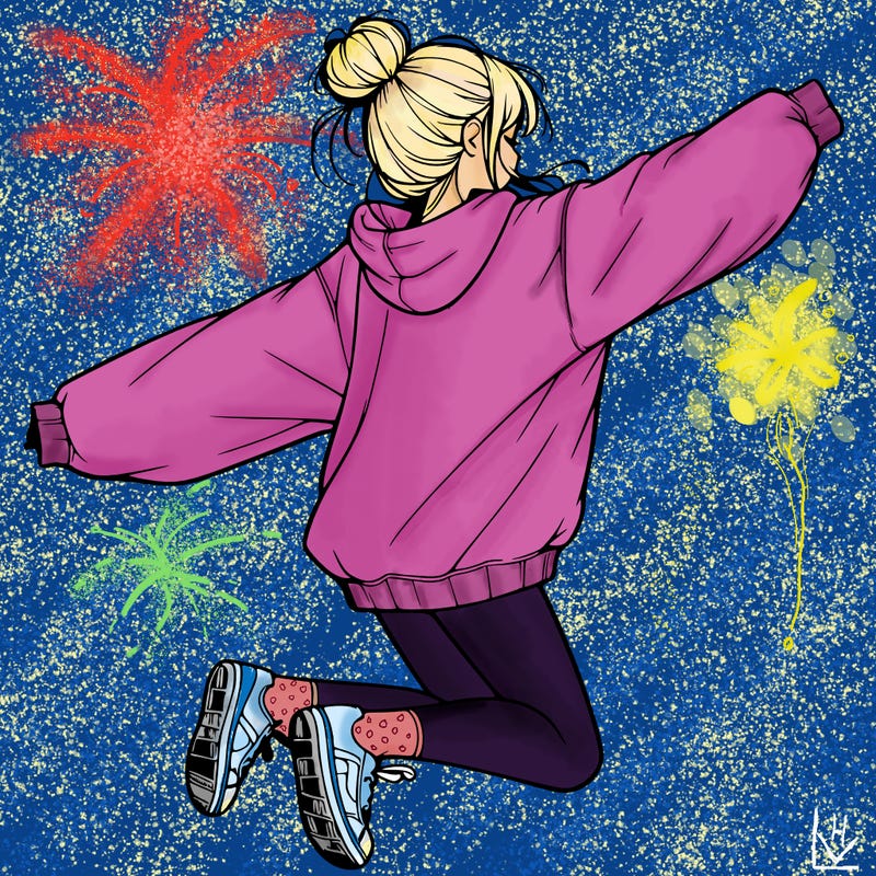 realistic girl jumping with a bun and oversized sweatshirt