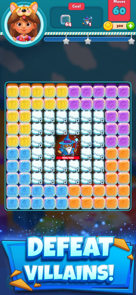 Epic Blast 3D: Toy Match Games - A puzzle level in Epic Blast 3D where players match cubes to defeat the Ice Wizard villain