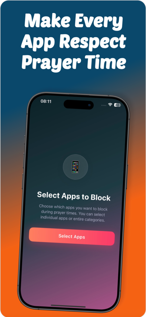 Pray Screen Time - Quran Focus - Interface of the Pray Screen Time app showing the Select Apps to Block screen with a red call to action button