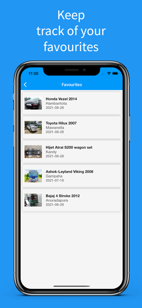 Riyasewana - Riyasewana app favorites page showing a list of saved vehicles for sale in Sri Lanka including cars and trucks