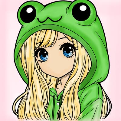 a pretty girl wearing a frog hoodie portrait with long hair