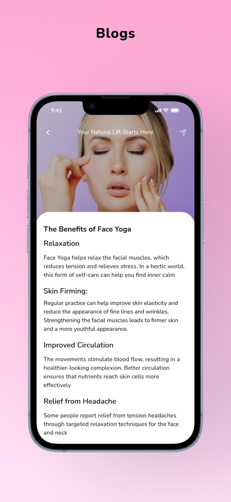 Face Yoga TG - Face Yoga TG app blog post detailing the benefits of face yoga for skin firming and relaxation