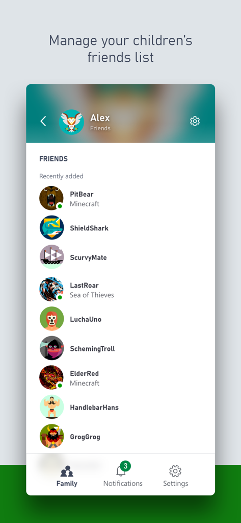 Xbox Family Settings - Interfaz de la aplicación Configuración Familiar de Xbox que muestra la lista de amigos gestionada de un niño en un dispositivo móvil.