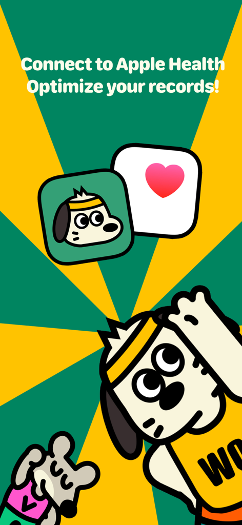 Rumbo Fitness - Rumbo Fitness app screen showing integration with Apple Health for optimizing fitness records featuring the dog mascot.