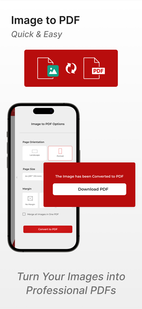 Convert to PDF : PDF Scanner - 다운로드 버튼과 문서 설정이 있는 이미지에서 PDF로 변환 화면