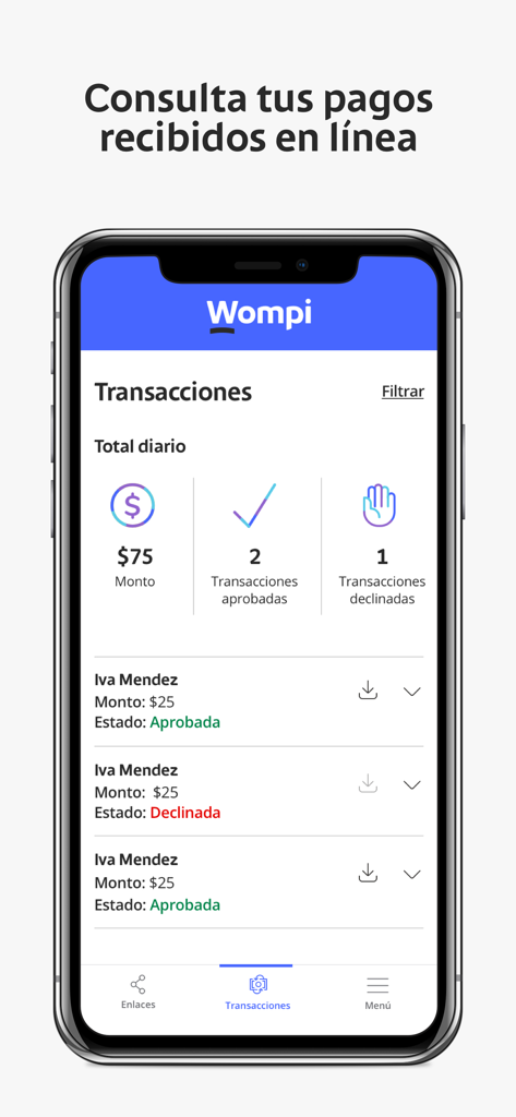 Wompi - Interfaccia dell'app mobile Wompi che mostra la cronologia delle transazioni e i riepiloghi dei pagamenti giornalieri