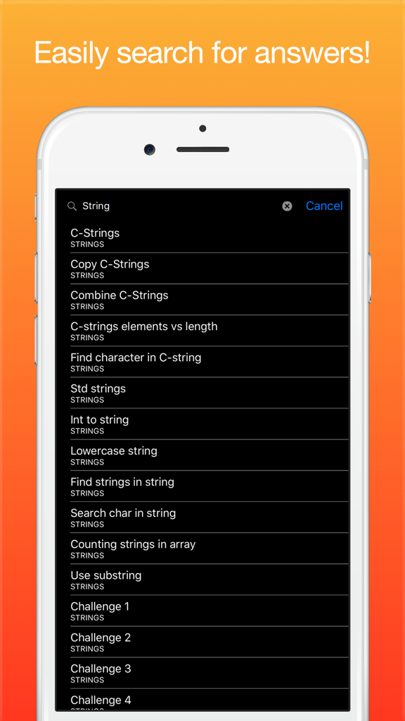 Learn C++ Programming - Search screen in Learn C++ app showing a list of string programming topics.