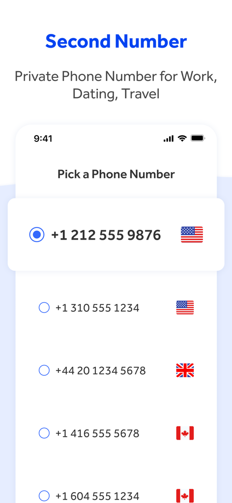 WePhone: 2nd Phone &WiFi Calls - A screen in the WePhone app showing a list of virtual phone numbers from the USA, UK, and Canada for work and travel