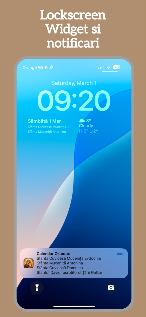 Calendar Ortodox 2026 - Écran de verrouillage de l'iPhone affichant un widget du Calendrier Orthodoxe Roumain et des notifications quotidiennes