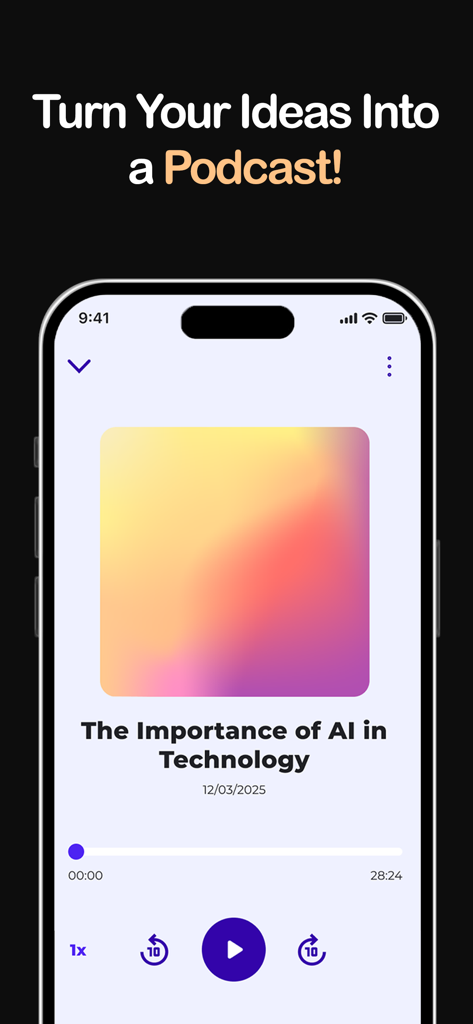 PodGenie:AI Podcast Generator - A smartphone screen displaying the PodGenie app player interface for an AI generated podcast episode titled The Importance of AI in Technology