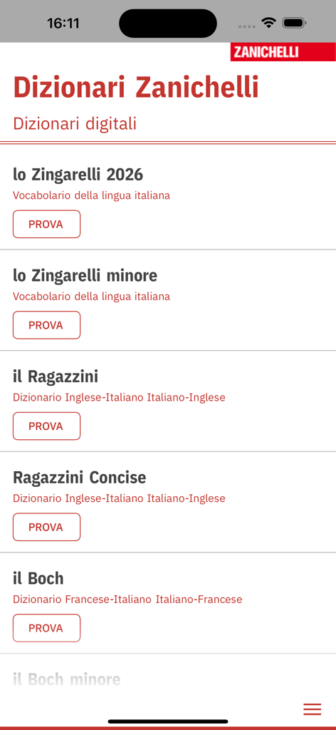 Lista de diccionarios digitales disponibles en el menú de la aplicación Dizionari ZANICHELLI