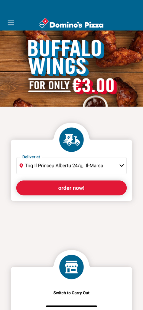 Domino's Malta mobile app interface for ordering pizza and buffalo wings delivery