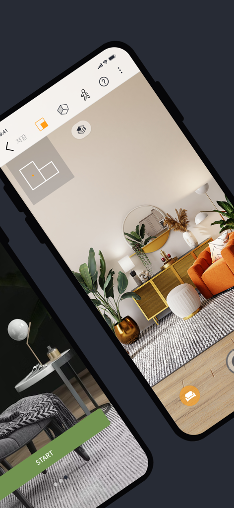 JoyPlan-Quick House Design 3D - A professional 3D interior design rendering on a smartphone screen showing a modern living room.