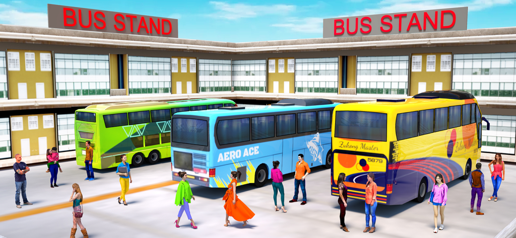 Coach Bus Simulator Game 2023 - Tres autobuses de colores en una parada de autobús con pasajeros en un juego de simulación