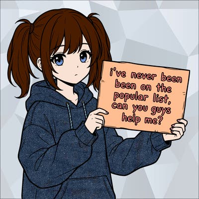 a cute anime girl with a sign saying  i’ve never been on the popular list, can you guys help me?