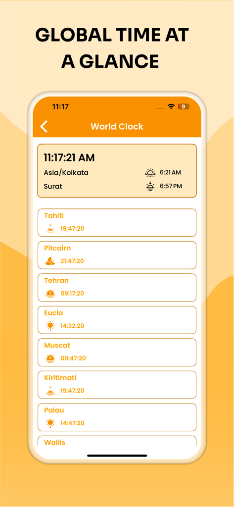 Wifi Password : Connect WIFI - Pantalla de reloj mundial que muestra las horas actuales para varias ubicaciones globales como Tahití y Teherán