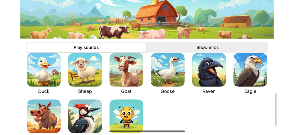 Animal Voices on a Farm - Pantalla principal de la aplicación Voces de Animales en la Granja que muestra una cuadrícula de animales como pato, oveja y cabra con opciones de reproducción de sonido