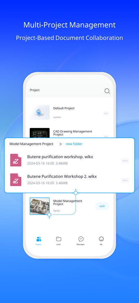 La interfaz de la aplicación eZWalker mostrando múltiples proyectos y funciones de colaboración de documentos para modelos de ingeniería.