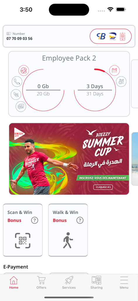 Djezzy - Écran d'accueil de l'application Djezzy affichant les statistiques d'utilisation des données et les programmes de récompense