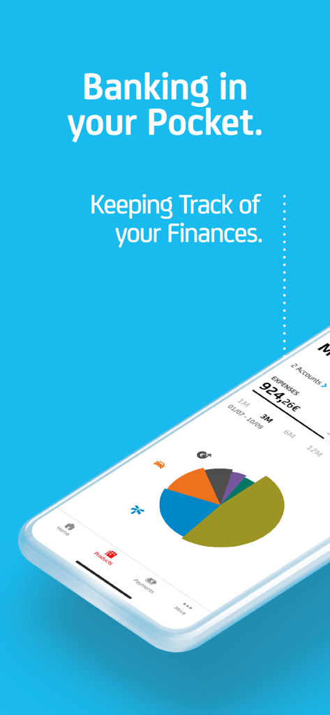 Die Finanzmanager-Oberfläche der Bank Austria MobileBanking-App zeigt ein Tortendiagramm mit Ausgabenaufschlüsselung
