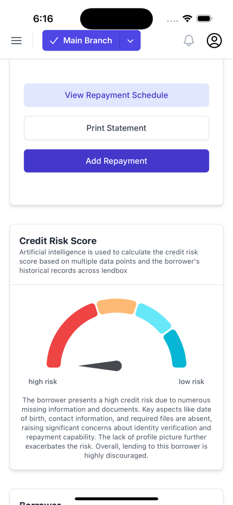 Lendbox | AI Loan Management - Lendbox mobile Benutzeroberfläche mit KI-Kreditrisikobewertungsanzeige und Schaltflächen zur Kreditverwaltung.