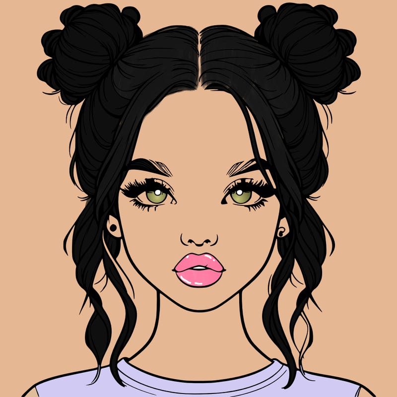 realistic girl with two buns in hair and lips