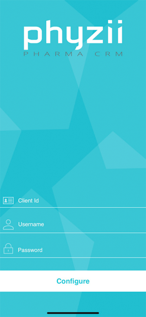 Phyzii Mobile 2.3 - Initial login and configuration screen for Phyzii Pharma CRM with fields for Client ID, username, and password.