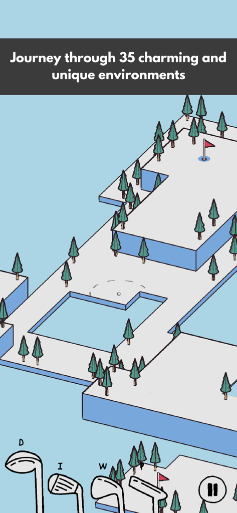 Cozy Golf - A minimalist hand drawn golf course environment with pine trees and a red flag
