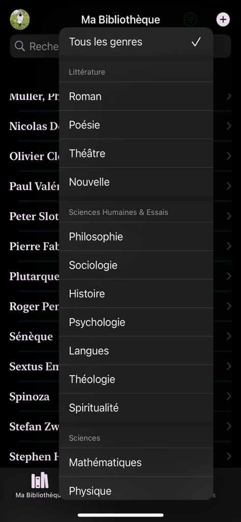 Ma Bibliotheque - Ma Bibliotheque app interface showing a list of book genres for collection organization