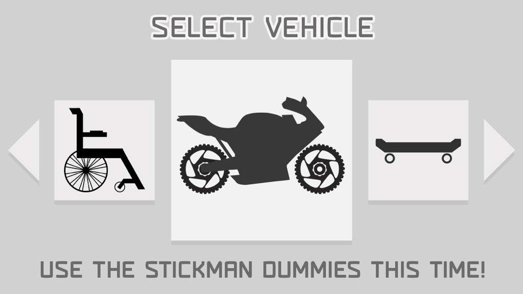Stickman Turbo Car Crash Test - The vehicle selection screen of the app Stickman Turbo Car Crash Test featuring a motorcycle a wheelchair and a skateboard
