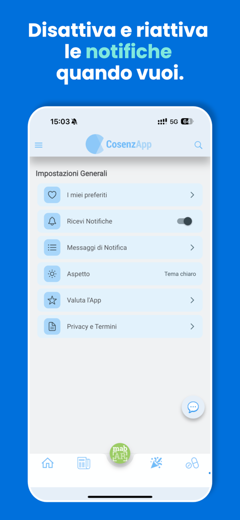 CosenzApp - General settings menu of the CosenzApp showing notification and appearance options.
